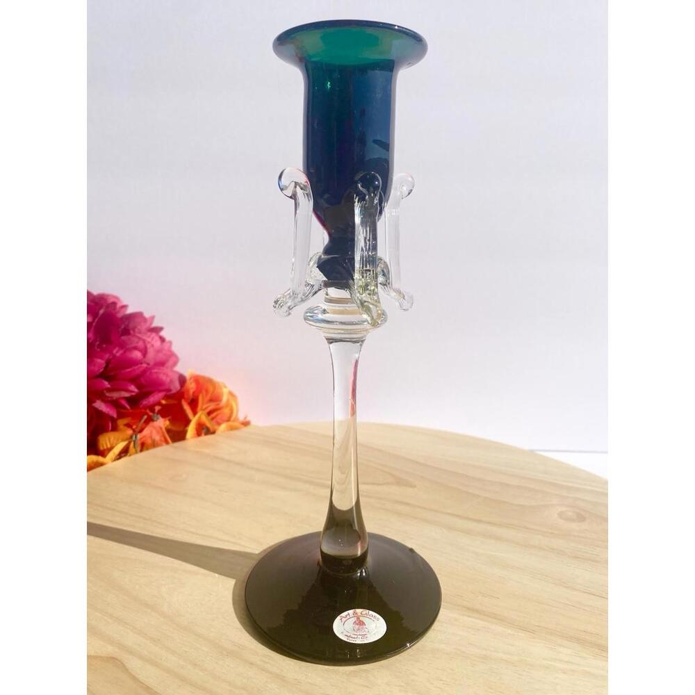 Vintage Glass Taper Candle Stick Holder Art Deco Green Clear Handblown Ornate